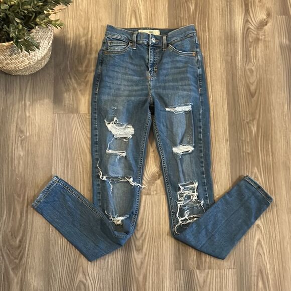 EUC TOPSHOP MOTO JAMIE SUPER DISTRESSED HIGH WAIST SKINNY JEANS SIZE 25 - Picture 3 of 8